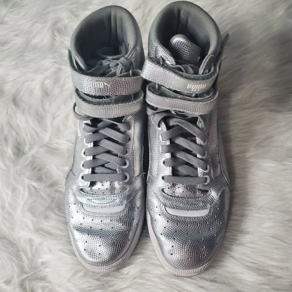 PUMA Sky II High Holographic Jr Youth Shoes Silver Leather Sneakers, M7